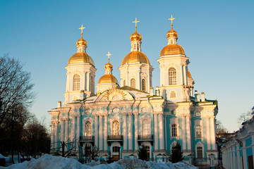 evening view of Nikolsky Cathedral on blue sky background. Russia Saint Petersburg