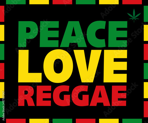 Dekoracja na wymiar  tytul-reggae-peace-love-w-kolorach-rasta-na-czarnym-tle-z-lisciem-marihuany-ilustracja-wektora