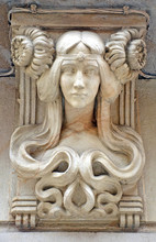 Art Nouveau Female Bust Stone Carving On Outside Of Building, Barcelona, Spain. Example Of German Art Nouveau Jugendstil Artistic Style.