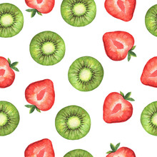 Watercolor Seamless Pattern With Sweet Slices Of Strawberry And Kiwi.