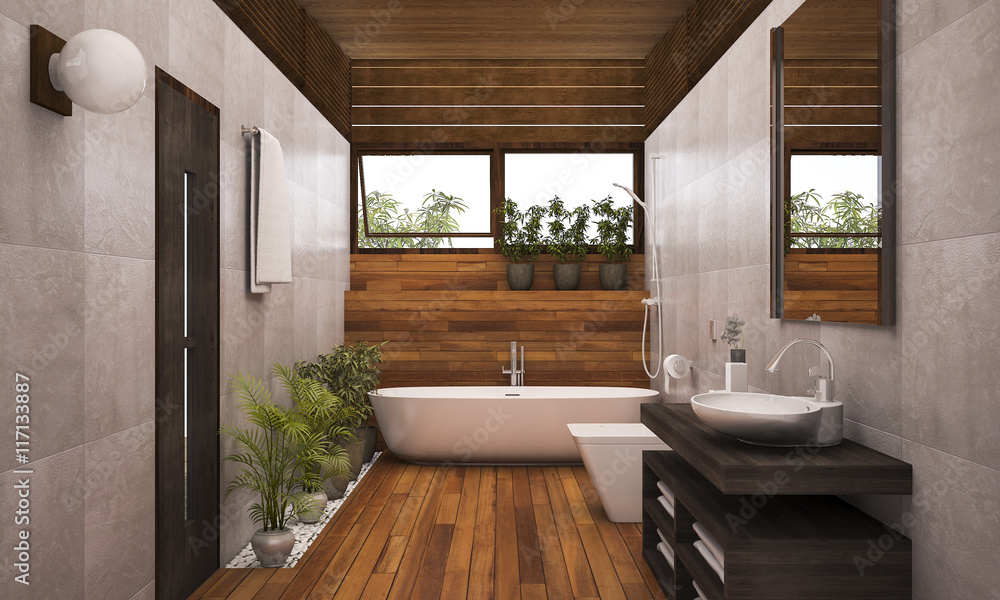 3D rendering contemporary wood bathroom with plants - obrazy, fototapety, plakaty 