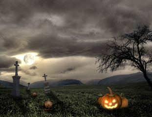 Wall Mural - Spooky Halloween graveyard with pumpkin