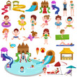 © anutaberg - Water aquapark playground with slides and splash pads for family fun vector illustration.