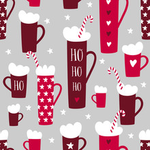 Seamless Winter Holidays Pattern With Mugs, Candy Canes, Stars