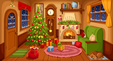 Vector illustration of Christmas living room with sofa, fireplace, clock and fir-tree.