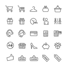 Set Of Minimal Simple Elegant Black Thin Line Shopping Icons On White Background. 