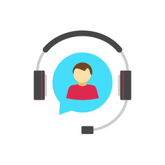 Wall Mural - Help desk logo concept, customer support service vector icon isolated, flat colorful hotline support assistance agent in bubble speech with headphone, operator person in headset