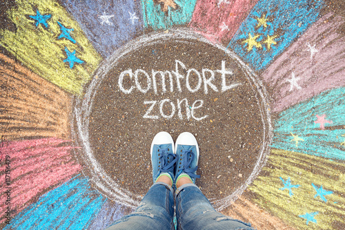 Fotomural Comfort zone concept. Feet standing inside comfort zone circle.