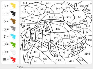 Wall Mural - Paint color by addition and subtraction numbers - Worksheet for education
