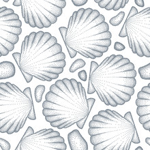 Vector Seamless Pattern With Dotted Sea Shell Or Scallop In Black And Pebbles On The White. Marine And Aquatic Theme. Dotted Seashell For Summer Design. Monochrome Summer Background In Dotwork Style