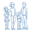 © danielabarreto - Happy young family in casual clothes with two children. Hand drawn line art cartoon vector illustration.