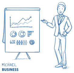 Wall Mural - Happy young man in business suit holding hand as if explaining or presenting something (e.g product). Hand drawn line art cartoon vector illustration.