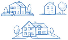 Set Of Three Different Houses, Detached, Single Family Houses With Gardens. Hand Drawn Cartoon Vector Illustration.
