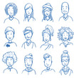 People collection casual. Set of various happy men and women in casual clothes, mixed age expressing positive emotions. Hand drawn line art cartoon vector illustration.
