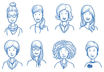 Wall Mural - People collection women. Set of various happy women in business and casual clothes, mixed age expressing positive emotions. Hand drawn line art cartoon vector illustration.