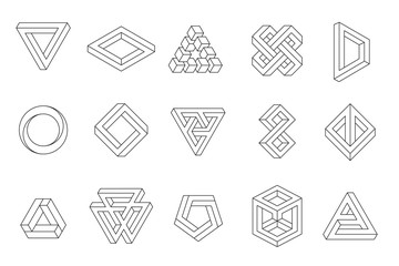 Set of impossible shapes. Web design elements. Line design, un-expanded strokes. Vector illustration EPS 10