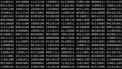 8-Bit Binaries Screensaver (24fps). Full screen saver black and white graphic loop of groups of 8-bit binary data cycling on and off 1s and 0s.