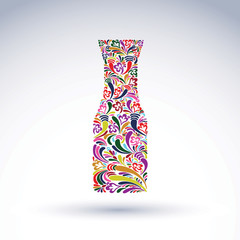 Bright flowery alcohol bottle, pitcher. Stylized glassware symbo