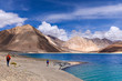The traveler at Pangong Lake in Ladakh, Jammu and Kashmir State, India
