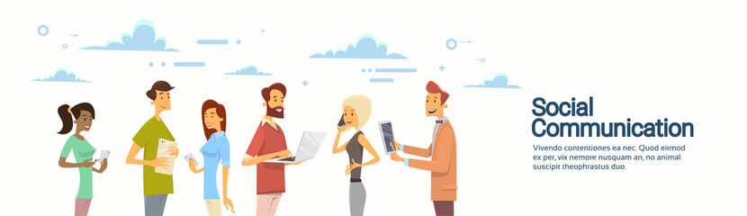 Wall Mural - people chat digital device tablet phone laptop social network communication