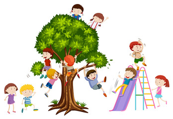 Wall Mural - Children playing on tree and slide