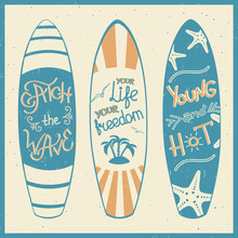 Vector Illustration Of Surfing Boards With Lettering.