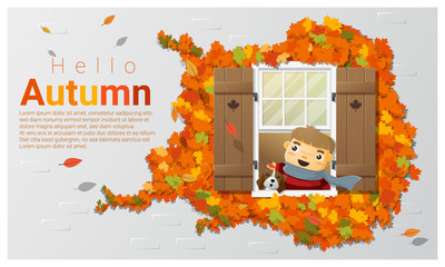 Wall Mural - Hello autumn background with little boy , vector , illustration