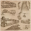 Transport set. Transportation by TRAIN and Cable car, Cable way. Collection of an hand drawn vector illustrations. Each drawing comprise a few layers of editable outlines. Freehand sketching pack.