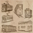 Transport set. Tramways. Transportation by Tram. Collection of an hand drawn vector illustrations. Each drawing comprise a few layers of editable outlines. Freehand sketching pack.