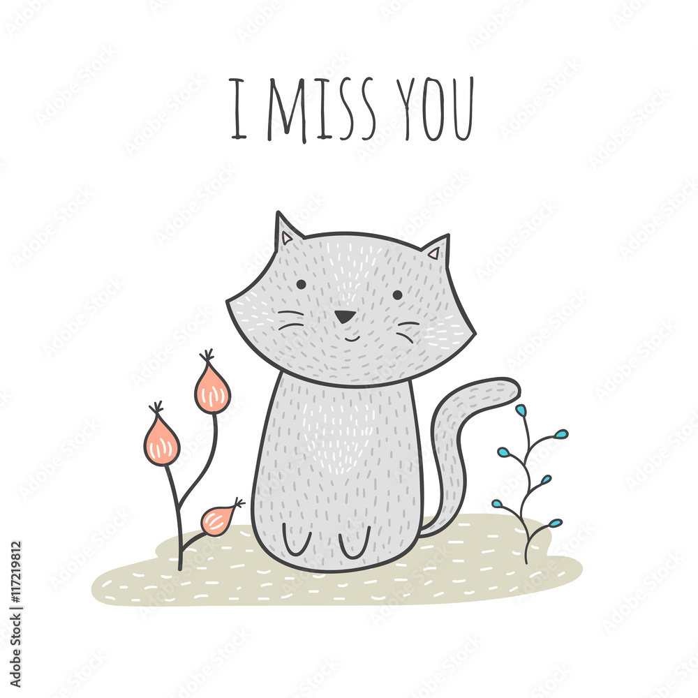 Cute hand drawn doodle card with a cat and flowers. I miss you Stock Vector  | Adobe Stock, image size:1000x1000
