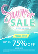 Summer sale lettering on blue background with palm trees. Vector illustration.
