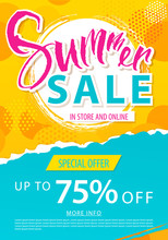 Summer Sale Lettering Template Banner. Vector Illustration In Yellow And Blue Color.
