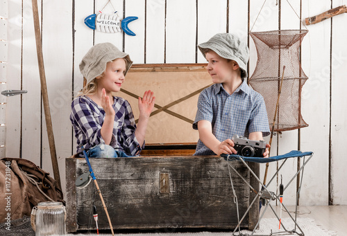 Little Boy And Girl Talk Sitting In Big Old Chest Buy This - 