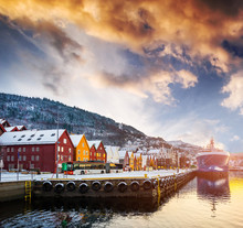 Amazing View On Bryggen Street In The Bay In Bergen At Sunset, Norway