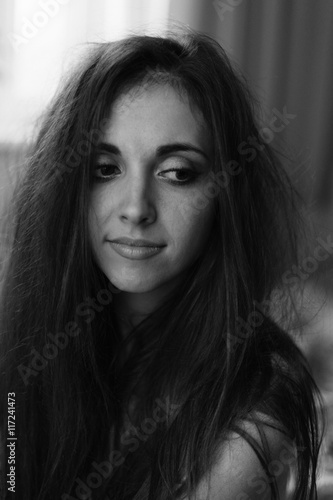 Black And White Glamor Portrait Of Young Beautiful Woman With Big