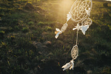 Dreamcatcher Hanging From A Tree In A Field At Sunset
