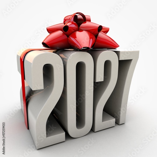 Fotografia 3D illustration of 2027 text wrapped up with red ribbon and bow