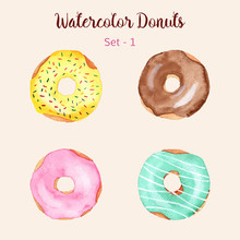 Watercolor Donut Set Isolated On A Light Background. Hand Painted Donuts. Isolated Sweet Sugar Icing Donuts. Glazed Donuts Collection. Donut Icons Collection. Donuts With Glaze And Sprinkles. Vector.