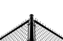 Abstract Black Chain Link Fence With White Sky Background. Black Metal Chain Fence. Chrome Steel Chain Fence, Symmetrical Design. Industrial Design. Industrial Fence. Black And White. Steel Frame. 