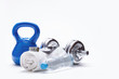 © weyo - Fitness Equipment. Kettlebell towel dumbbells water smart phone with headphones and measuring tape.