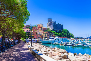 Poster - Travel in Italy series - colorful Lerici in Liguria, view with castle