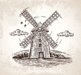 Windmill in rural landscape, drawn by hand, in a graphic style.