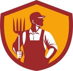 Wall Mural - Organic Farmer Pitchfork Crest Retro