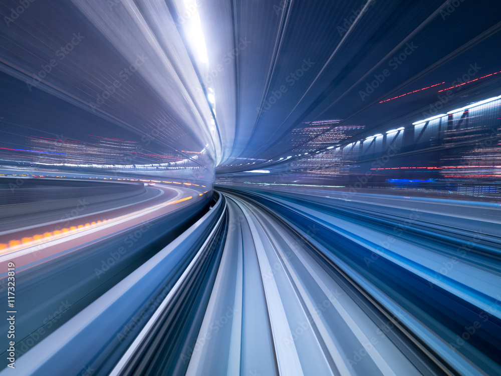 Motion blur of train moving inside tunnel in Tokyo, Japan - obrazy, fototapety, plakaty 