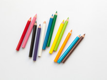 Bunch Of Fun Mini Colored Pencils Isolated On White. Group Of Wooden Pencils