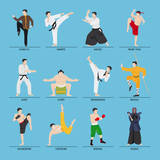 Asian martial arts vector illustration. Karate and kung fu, sumo and boxing