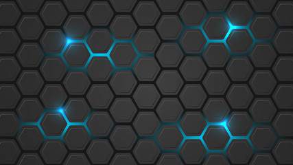 Wall Mural - dark vector illustration with a hexagonal pattern and blue backlight.