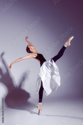 Ballerina in black outfit posing on toes, studio background. Plakát