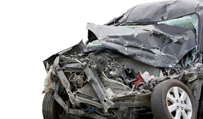 Wall Mural - Black car accident front side on white background