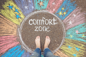 Wall Mural - Comfort zone concept. Feet standing inside comfort zone circle.